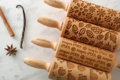 Kavlar-MoodForWood Träkavel 25 cm med handtag, set om 4, graverad, perfekt för bakning - Veganskt setmönster