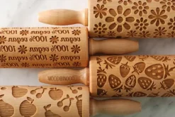 Kavlar-MoodForWood Träkavel 25 cm med handtag, set om 4, graverad, perfekt för bakning - Veganskt setmönster