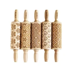 MoodForWood Träkavel 25 cm med handtag, set om 5, graverad, perfekt för bakning - Kimonomönster