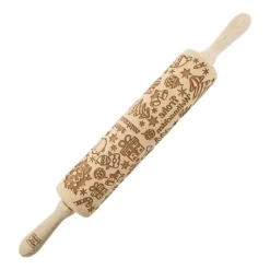 Kavlar-MoodForWood träkavel, graverad, 43 cm med handtag, perfekt för bakning - Frohe Weihnachten-mönster