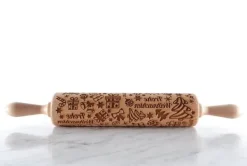 Kavlar-MoodForWood träkavel, graverad, 43 cm med handtag, perfekt för bakning - Frohe Weihnachten-mönster