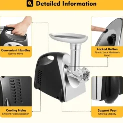 Matkvarnar-Multifunktionell köttkvarn, elektrisk 800 W, 220 V EU-plugg, svart, korvstoppare & nudeltillsats