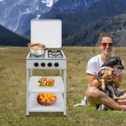 Spisar-Nödspis - Utomhus gaskök med 4 brännare - Förvaringshylla - Naturgas/Gasol - 49×49×79 cm - Järn - 9 kg - Röd