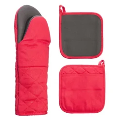 Grytlappar & Grillvantar-NICOLE RED grytvante- och grytlappset i hellång modell, 100 % bomull med neopren, tjock röd