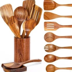 OBOSOE 9 delar köksredskapsset i teak - Träspatel, slev, gaffel m.m. med förvaringsburk & skedställ, för non-stick-pannor