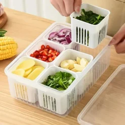 OBOSOE 6-i-1 Kylförvaringslåda - Plastbehållare med Lock för Grönsaker & Frukt | Färskvarande Drainagebox till Kök