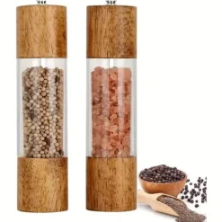 Kryddkvarnar-OBOSOE 2-Pack Salt- & Pepparkvarn – Manuell Kryddkvarn i Akryl & Trä, Justerbar Grov/Fint för Kök
