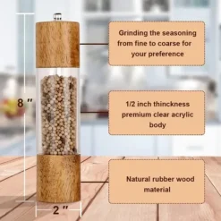 Kryddkvarnar-OBOSOE 2-Pack Salt- & Pepparkvarn – Manuell Kryddkvarn i Akryl & Trä, Justerbar Grov/Fint för Kök