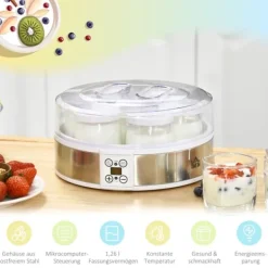 OBOSOE Yoghurtberedare – Maskin för hemmagjord yoghurt, 7 glas, rostfritt stål, silver och vit, 24 cm x 24 cm x 13 cm