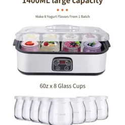 OBOSOE Yoghurtmaskin 1400ML med 8 Glas, Justerbar Temperatur & Tid, Automatisk Maskin med LCD-Skärm