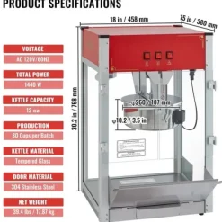 Popcornmaskiner-Popcornmaskin 12 Oz Bänkskiva 1440W, Hög Kapacitet, Snabb Uppvärmning, Popcorn Popper, Perfekt för Fester och Hemmakvällar