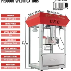 Popcornmaskiner-Popcornmaskin, 39x34.5x61 cm, Röd, Härdat glas