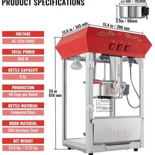 Popcornmaskiner-Popcornmaskin, 39x34.5x61 cm, Röd, Härdat glas