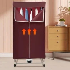 Portabel klädtork - PTC torkskåp - Pekskärm - Effekt 1200–1500 W - IPX1 - Timer 0–240 min & 3 lägen - Fyra hjul - Med överdrag - Vinröd