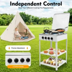 Portabel utomhus gasspis - Stativmodell - 4 brännare - NG/LPG (lågtrycksregulator krävs) - Vindskydd - 2 hyllor - Manuell tändning - Vit