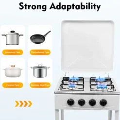 Portabel utomhus gasspis - Stativmodell - 4 brännare - NG/LPG (lågtrycksregulator krävs) - Vindskydd - 2 hyllor - Manuell tändning - Vit