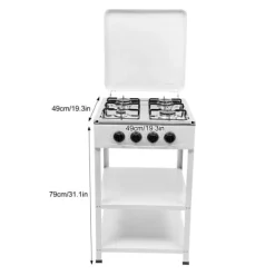 Portabel utomhus gasspis - Stativmodell - 4 brännare - NG/LPG (lågtrycksregulator krävs) - Vindskydd - 2 hyllor - Manuell tändning - Vit