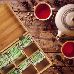 Förvaringsburkar-Relaxdays Bamboo Tea Box, Box, 72 tepåsar, Lock, 6 fack, HxBxD: 9,5 x 22 x 18,5 cm, Natural