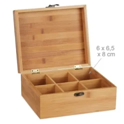 Förvaringsburkar-Relaxdays Bamboo Tea Box, Box, 72 tepåsar, Lock, 6 fack, HxBxD: 9,5 x 22 x 18,5 cm, Natural