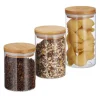 Förvaringsburkar-Relaxdays Glasförvaringslådor, set om 3, storlekar 500, 700, 1000 ml, pasta, ris, flingor, kaffe, D 9,5 cm, bambu