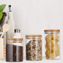 Förvaringsburkar-Relaxdays Glasförvaringslådor, set om 3, storlekar 500, 700, 1000 ml, pasta, ris, flingor, kaffe, D 9,5 cm, bambu