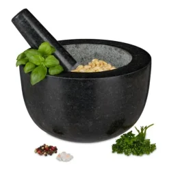 Relaxdays Mortel och stöt, i granit, polerad, lång livslängd, kryddor och örter, 750 ml volym, stenhackare D 20 cm, grå