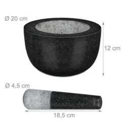 Relaxdays Mortel och stöt, i granit, polerad, lång livslängd, kryddor och örter, 750 ml volym, stenhackare D 20 cm, grå