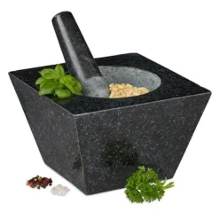 Relaxdays Mortel och Stöt, XXL, granit, kryddor och örter, 750 ml, 6,75 kg, stenmortel 12x19,5x19,5 cm, svart