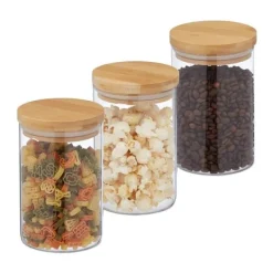 Förvaringsburkar-Relaxdays Set med 3 glasburkar, bambulock, rund förvaringsburk, 800 ml, hermetisk, transparent/naturlig
