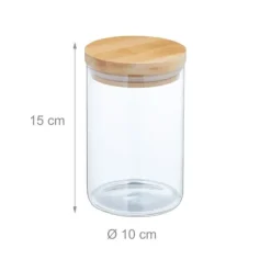 Förvaringsburkar-Relaxdays Set med 3 glasburkar, bambulock, rund förvaringsburk, 800 ml, hermetisk, transparent/naturlig