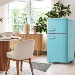 Kombinerad Kyl- & Frys-Retro-Kylskåp, Dubbeldörr, 72L kyl, 21L frys, 120 kWh/år, LED-ljus, Flera färger, Energieklass E