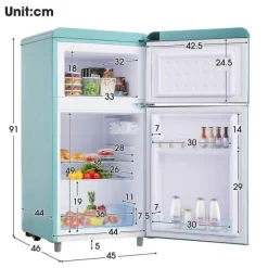 Kombinerad Kyl- & Frys-Retro-Kylskåp, Dubbeldörr, 72L kyl, 21L frys, 120 kWh/år, LED-ljus, Flera färger, Energieklass E