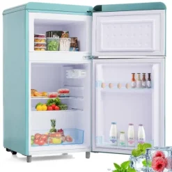 Kombinerad Kyl- & Frys-Retro-Kylskåp, Dubbeldörr, 72L kyl, 21L frys, 120 kWh/år, LED-ljus, Flera färger, Energieklass E