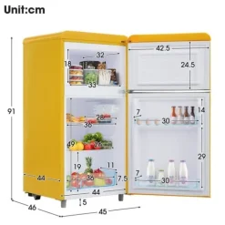 Kombinerad Kyl- & Frys-Retro-Kylskåp, Dubbeldörr, 72L kyl, 21L frys, 120 kWh/år, LED-ljus, Flera färger, Energieklass E