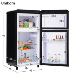 Kombinerad Kyl- & Frys-Retro-Kylskåp, Dubbeldörr, 72L kyl, 21L frys, 120 kWh/år, LED-ljus, Flera färger, Energieklass E