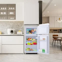 Retro-Kylskåp, Dubbeldörr, 72L kyl, 21L frys, 120 kWh/år, LED-ljus, Flera färger, Energieklass E