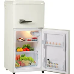 Retro-Kylskåp, Gefrierkombination, 88.8 cm, 60L kyl, 22L frys, 102 kWh/år, LED-ljus, Cremevit, Energieklass E