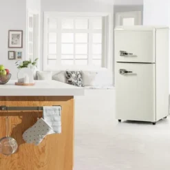 Retro-Kylskåp, Gefrierkombination, 88.8 cm, 60L kyl, 22L frys, 102 kWh/år, LED-ljus, Cremevit, Energieklass E