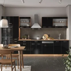 R-Line kök, 350 cm med högskåp, PT Ek, Svart Högglans, Vicco