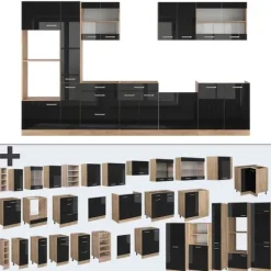 R-Line kök, 350 cm med högskåp, PT Ek, Svart Högglans, Vicco