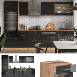 R-Line kök, 300 cm med högskåp, PT Ek, Blank antracit/Gyllene ek, Vicco