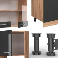 R-Line kök, 300 cm med högskåp, PT Ek, Blank antracit/Gyllene ek, Vicco