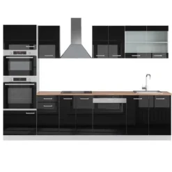 R-Line kök, 300 cm med högskåp, PT Ek, Blank svart/Vit, Vicco