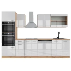 R-Line kök, 300 cm med högskåp, utan bänkskiva, Blank vit/Gyllene ek, Vicco