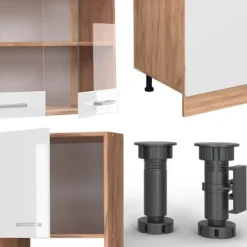 R-Line kök, 300 cm med högskåp, utan bänkskiva, Blank vit/Gyllene ek, Vicco