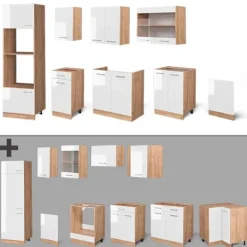 R-Line kök, 300 cm med högskåp, utan bänkskiva, Blank vit/Gyllene ek, Vicco