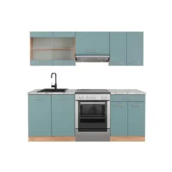 R-Line kök, 200 cm, PT marmor, blågrå/guld ek, Vicco