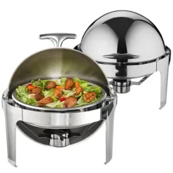 Matuppvärmare-Roll Top Chafing Dish Buffet Set, 6 Qt 2-pack, rostfritt stål med 2 kastruller, rund cateringvärmare med lock och bränslehållare.