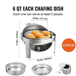 Matuppvärmare-Roll Top Chafing Dish Buffet Set, 6 Qt 2-pack, rostfritt stål med 2 kastruller, rund cateringvärmare med lock och bränslehållare.