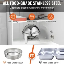 Matuppvärmare-Roll Top Chafing Dish Buffet Set, 6 Qt 2-pack, rostfritt stål med 2 kastruller, rund cateringvärmare med lock och bränslehållare.
